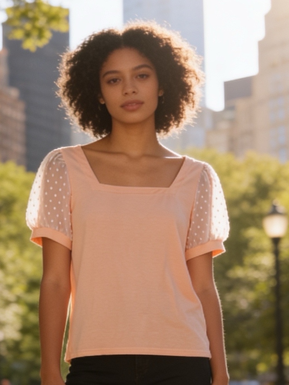 Light Pink Sheer Puff Short-Sleeve Square Neck Top Size Medium EUC